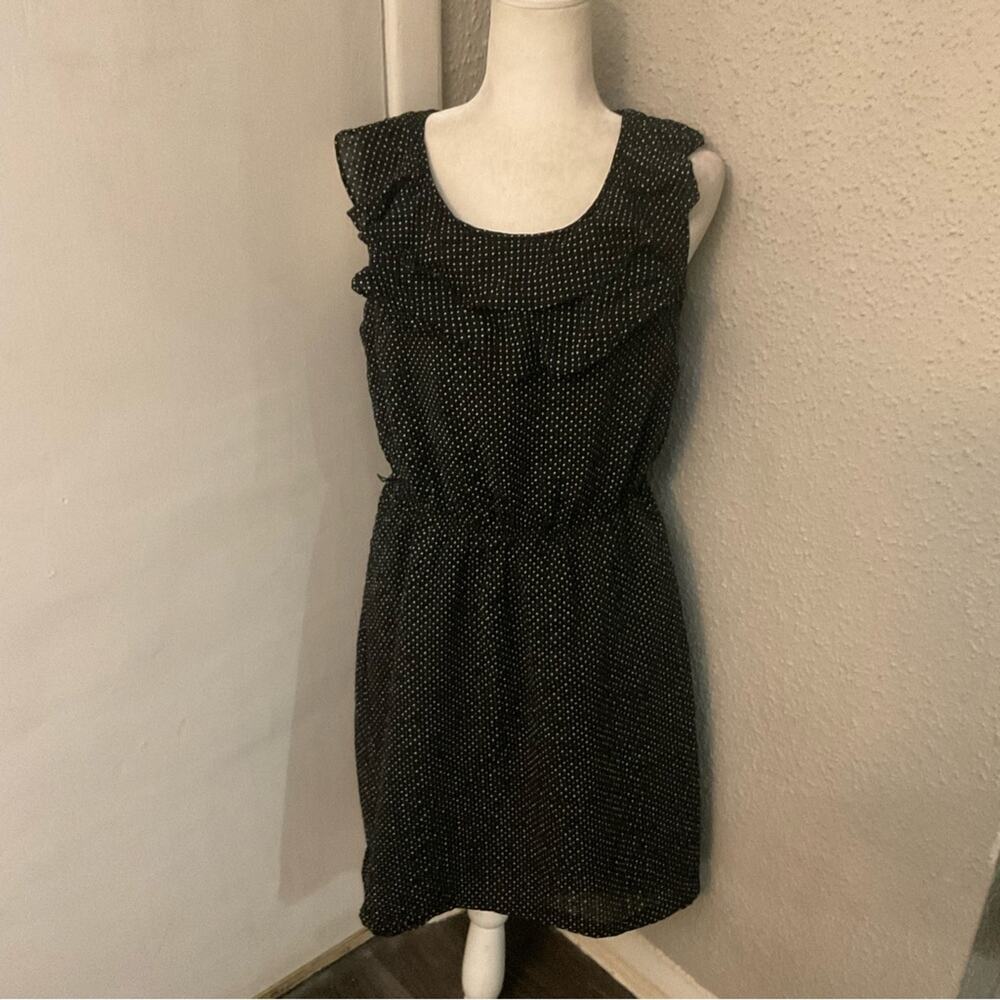 Willi Smith Black Smock Ruffled Front Textured Polka Dot Sleeve Dress No Size